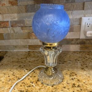 Blue Glass Globe Table Lamp Fluted Clear Base Gold Accents Glass Metal